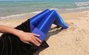 Shiny teens: 885 Shiny Blue Spandex Stockings on the Beach