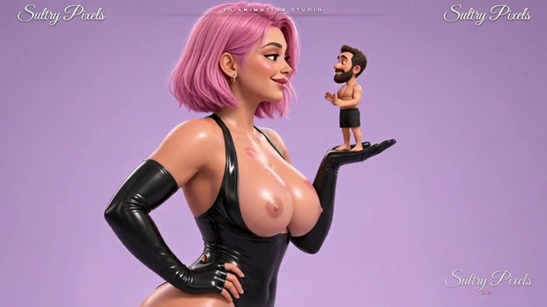 Sultry Pixels 3D: Topless Latex Mistress Holds Her Tiny Man in Her Gloved...