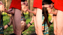 thelazycouple: Namiętna brunetka ssie kutasa w lesie i połyka spermę