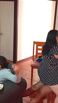 Husband Watches Football and Doesn't Notice, His Wife Fucks His Stepson Who Has a Big Cock