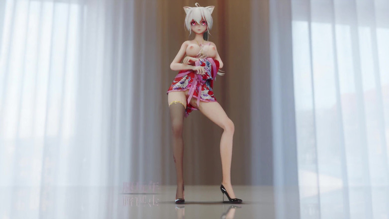 MikuMotion: Crema de chocolate Cheongsam; Medias negras; Tacones altos de sol...