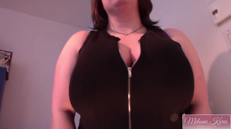 Melonie Kares: Huge boobs zipper dress tease