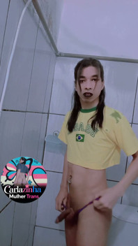 Carlazinha the Belly Button Pierced Whore Pulls Her Purple Panties to the Side and Shows Her Wet Cock