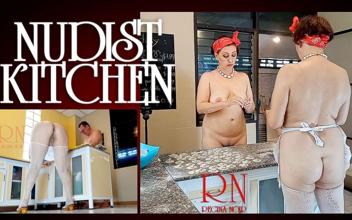Regina Noir: 풀 영상. 부엌에서 요리하는 나체주의자 하우스키퍼 레지나 누아. 벌거벗은 하녀가 만두를 만듭니다. 벌거벗은 요리사.