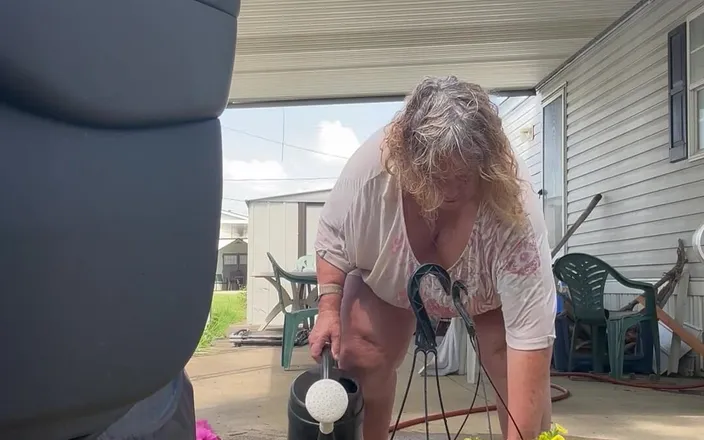 Big Ass 4 U: Watering Flowers Flashing Tits and Ass