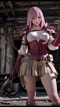 Guerriero Mech dai capelli rosa! Sensualità pigra nelle rovine della città, primi piani bagnati su sfondi bianchi puri