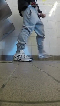 Amateur Boys in Sneakers Wank and Try Handjob in Public Toilets' Urinal