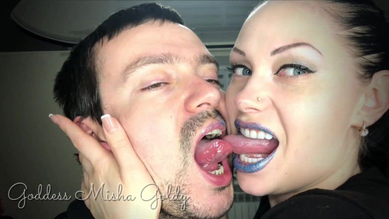 Goddess Misha Goldy: Wild tongues play with a lot of spit! Shiny blue...
