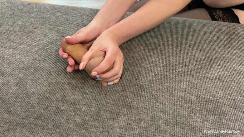 AnnyCandyPainboy: The girl jerks off the guy, squeezes the dick and...