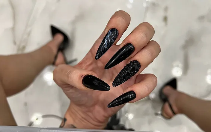 Julia domaina: Long Black Nails, Long Fingers and Handjobs with Spit, Pvc...