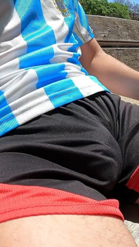Bulging Young Man Moans with Pleasure in Park Jerking off a Summer Handjob