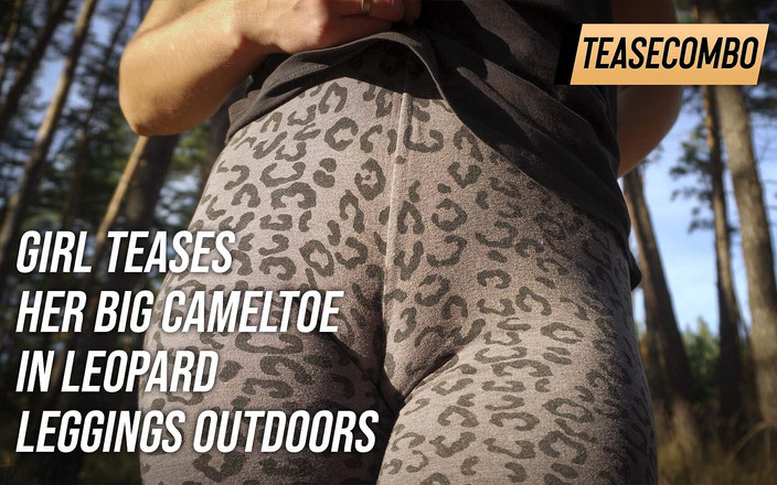 Teasecombo 4K: 女の子が屋外でヒョウのレギンスを着て大きなキャメルトーをからかう
