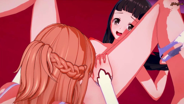 Hentai Smash: Asuna пестить пальцями юі перед тим, як з'їсти її пизду