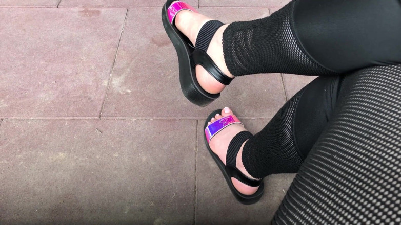 Goddess Misha Goldy: My new shiny sandals and toes tease outdoor