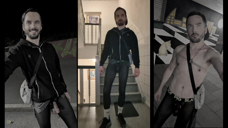 kinkygaynudist: Spaziergang durch die Stadt in durchsichtigen Leggings (beule Meggings)