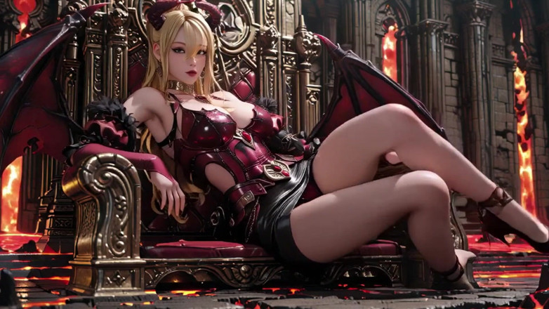 Seraphina Vale: Lava Throne! सुनहरे बालों वाली दानव रानी घुटने टेकती है और अपने पंख फैलाती है, आलसी चिढ़ाती है।