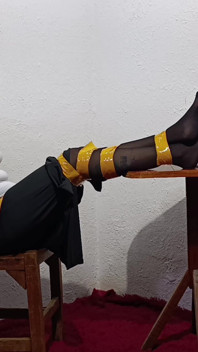 Tied with Plastic Tape Gagged with a Heel on the Face and Being Masturbated with a Toy