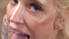 Tattooed Blonde Kitt Jones Sucks Logan's Cock and Eats Cum!
