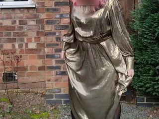 Sissy in satin: Hot crossdresser in gold metallic dress
