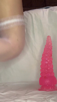 Femboy Fucks Ass with Dildo in Chastity Cage