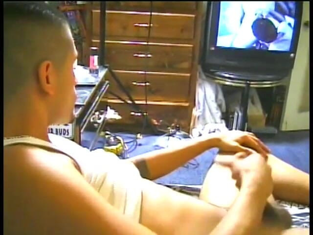 Gays Case: Latino in wifebeater watches TV as he jerks his meat