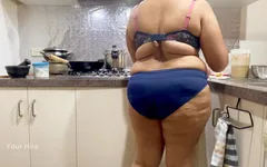 Beautiful Indian wife teases in lingerie while cooking