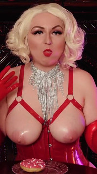 Sexy Hot Blonde MILF Eating Donuts - Food Fetish in Latex Rubber Opera Long Gloves