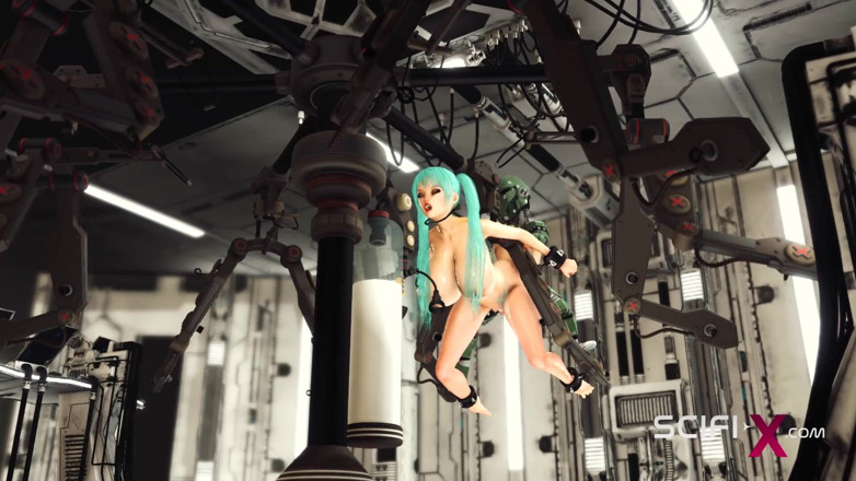 SciFi-X: 宇宙飞船上的性爱。戴着袖口的太空丰满女孩在实验室里被性爱机器人狠操