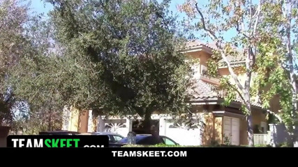 Team Skeet: Chocolate teen Tamra Millan enjoys riding my dick outdoors