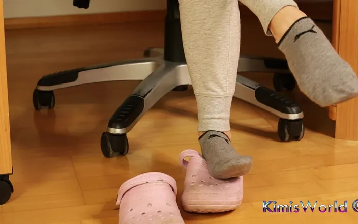 KimisWorld: Dirty Grey Sneaker Socks in Pink Clogs - Casual Foot Tease