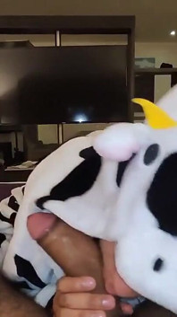 In a cow pijama sucking and riding my big uncut cock until he earns my hot milk
