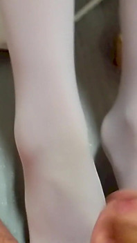 MILF Plays with Her Feet and Cock and Gets a Cumshot on Her Pantyhose, POV