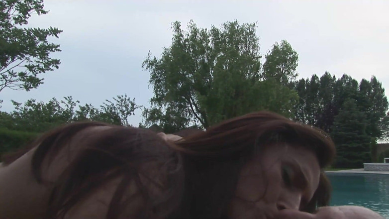 Sex All Together: The beautiful brunette fucks her friend's cock at the poolside...