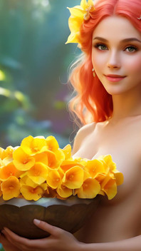 Ai naakte kunstvrouw die Begonia vasthoudt met Citrine Gele Diamond Sieraden 4k artistieke diavoorstelling