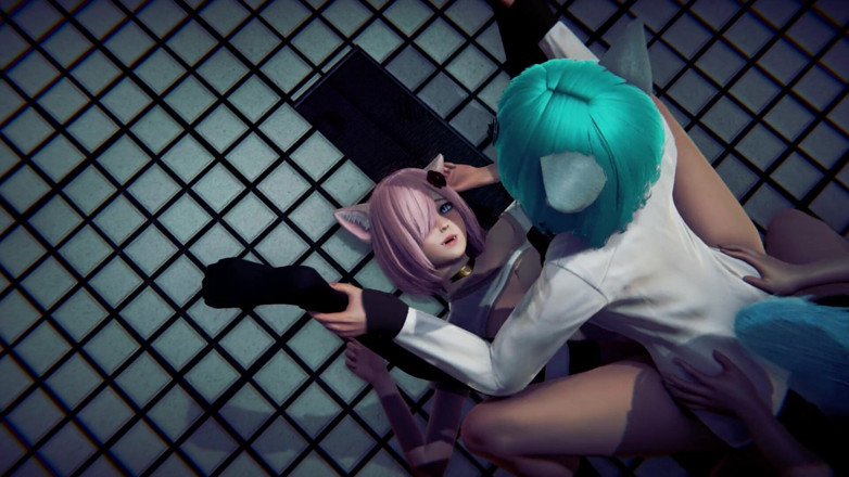 Waifu club 3D: Placed a cock between two some neko college girls