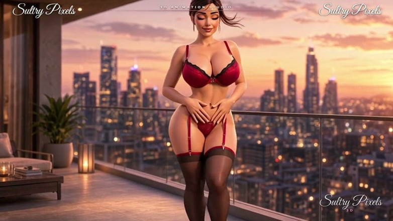 Sultry Pixels 3D: エレガントなブルネットで髪をお団子にまとめた女性がテラスでストリップ - ドレスからランジェリーまで
