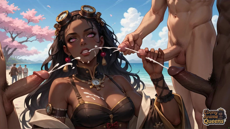 Ebony Anime Queens: 嫌な黒檀の女神が海辺で桜の花を贈る