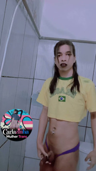 Carlazinha the Belly Button Pierced Whore Pulls Her Purple Panties to the Side and Shows Her Wet Cock
