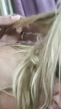 Red Heels in the Air - Busty Blonde in a White String Bikini Fucked on the Cream Sofa