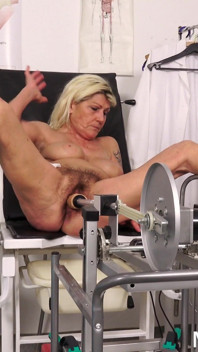 Hairy Granny Made to Cum in Gyno Chair with Fucking Machine