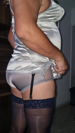 Sexy Gray Metal Nylon Slip with Matching Briefs and Bra