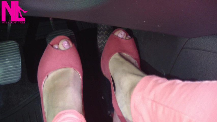 Barefoot Driving and Revving in Vivid Pink High Heeled Sandals (Nyllady)