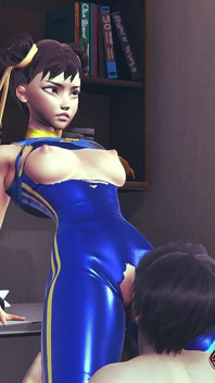 Chun Li Street Fighter 6 - sexy cosplay anime dívka v modrém latexovém kostýmu dostane její kundičku olízanou přes těsné kalhoty s orgasmem