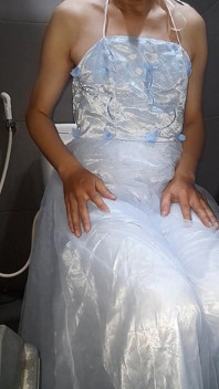 Crossdresser Cumshot Wearing Blue Bridesmaid Dress