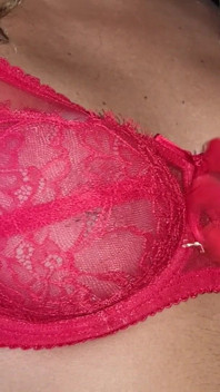 Sensual Red Lace Bra, Spandex Gloves, Caressing My Round and Firm Tits
