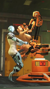 Je veux juste ta bite ! Une trans robot baise une brune sexy à forte poitrine menottée dans un laboratoire de science-fiction