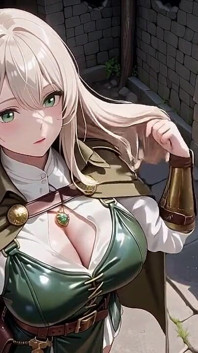 Blonde riddermiddag! Groene uniforme gouden mechanische armen, lui nadenken in oude stenen ruïnes.
