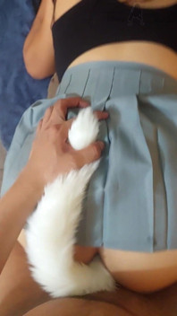 Schoolgirl Fucking Her with a Foxtail in the Ass