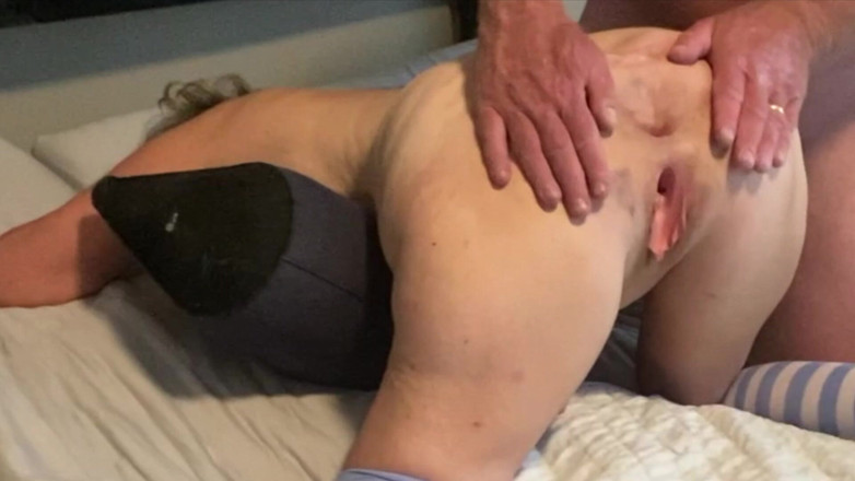 Squirting Senior: Big Ass Mature Wife Bent Over Inflatable Butt Plug Inserted