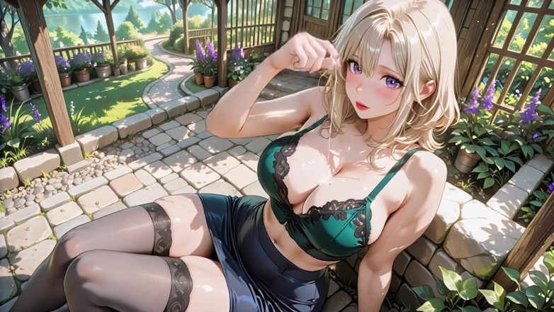Seraphina Vale: 紫の瞳のブロンド女神、黒いレースランジェリーグリーンのタイトなミニドレス、グレーのストッキング、ハイヒール